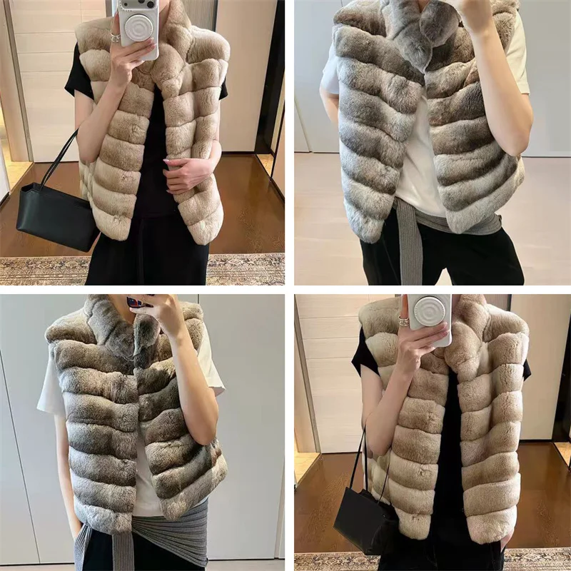 Fur Vest for Woman Real Fur Rex Rabbit Fur Vest |Chinchilla Color Autumn Winter Warm Fluffy Fur Tank Tops Sleeveless Jacket Coat