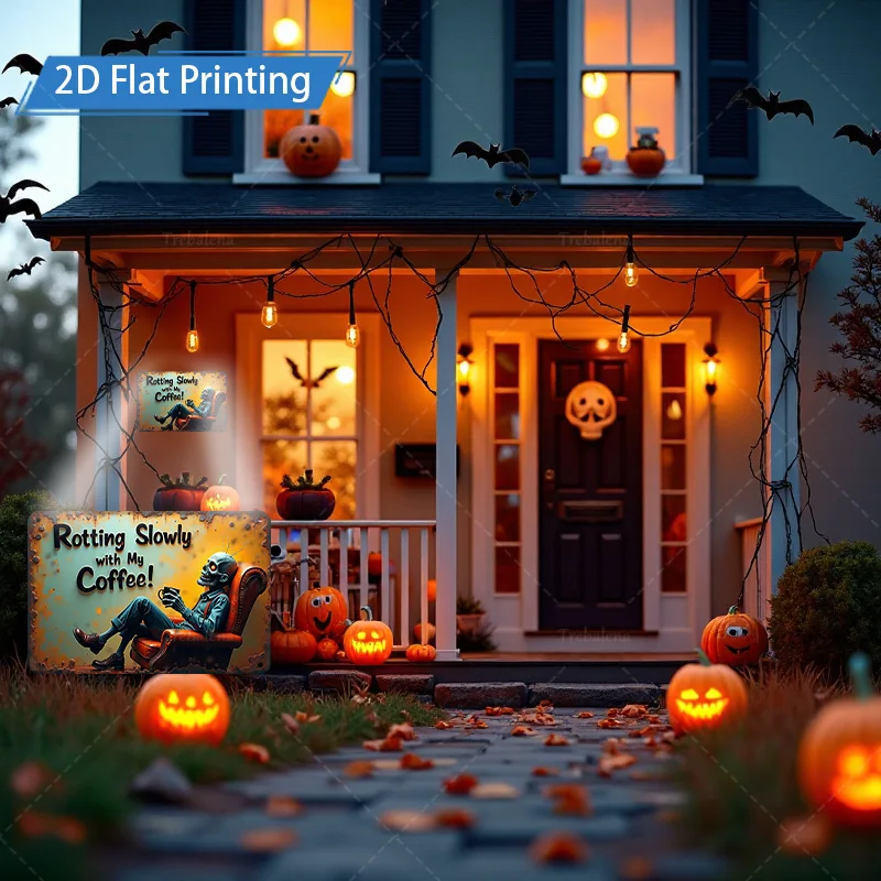 [2D FLAT] 1 قطعة علامة معدنية للهالوين زومبي علامة القهوة 2D طباعة مسطحة ديكور