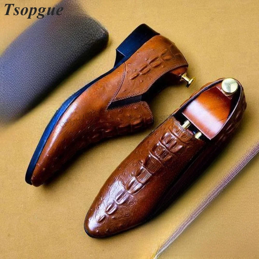 British Style Brown Leather Animal Skin Handmade Men's Pumps Men Shoes Slip-On Runway Casual Party Shoes 2023 Zapatillas Mujer