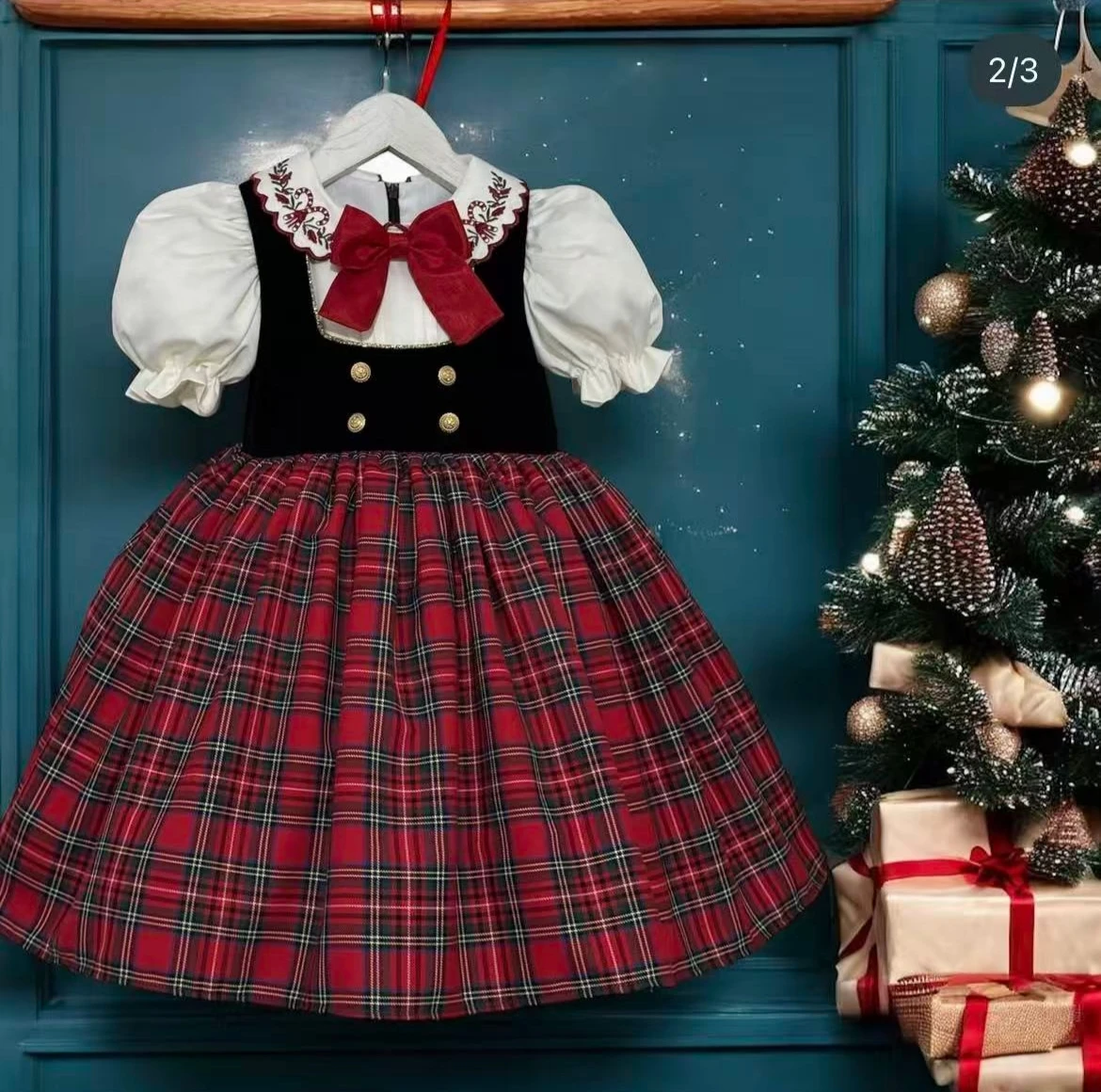 

0-12Y Baby Girl Autumn Candy Cane Embroidery Vintage Princess Red Plaid Dress for Birthday Holiday Eid Christmas C169