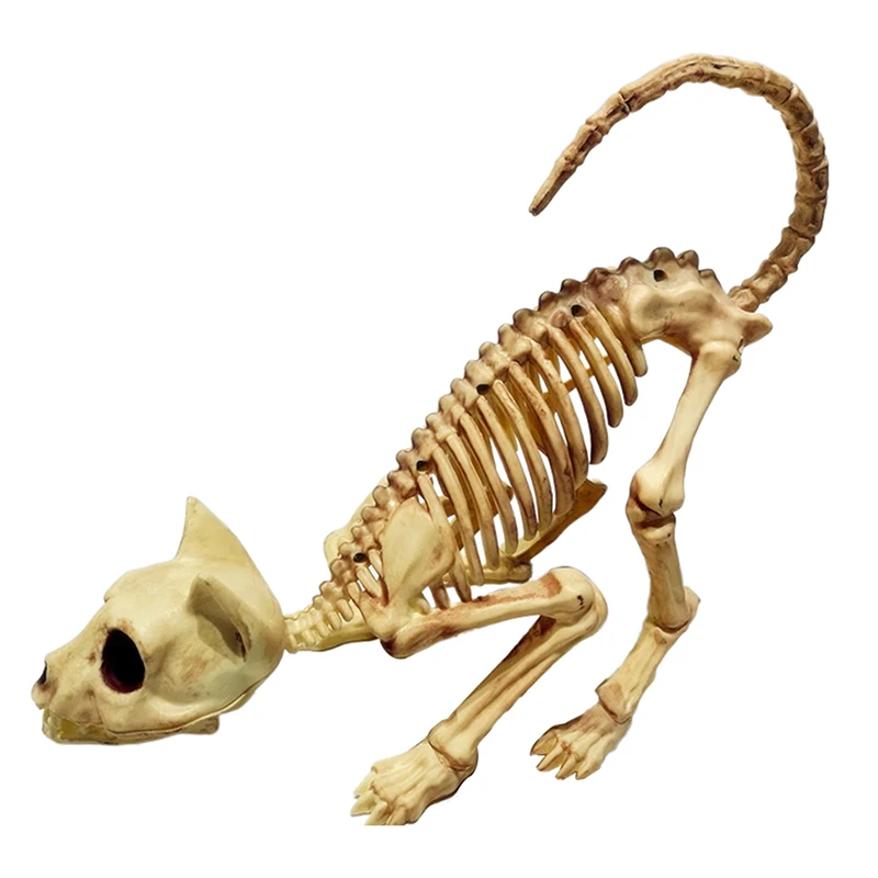 Creative Halloween Scary Skeleton Decoration Crouching Cat Skeleton Cat Skull Model Creepy Animal Bones For Party Trick