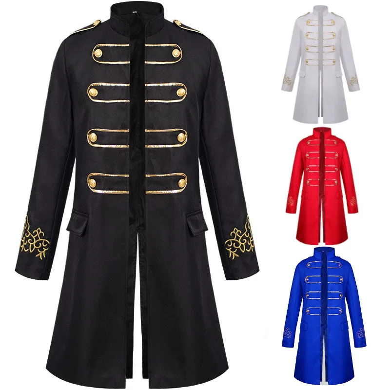 Men's Steampunk Vintage Medieval Tailcoat Jacket Retro Gothic Victorian Frock Coat Uniform Halloween Cosplay Black White Red