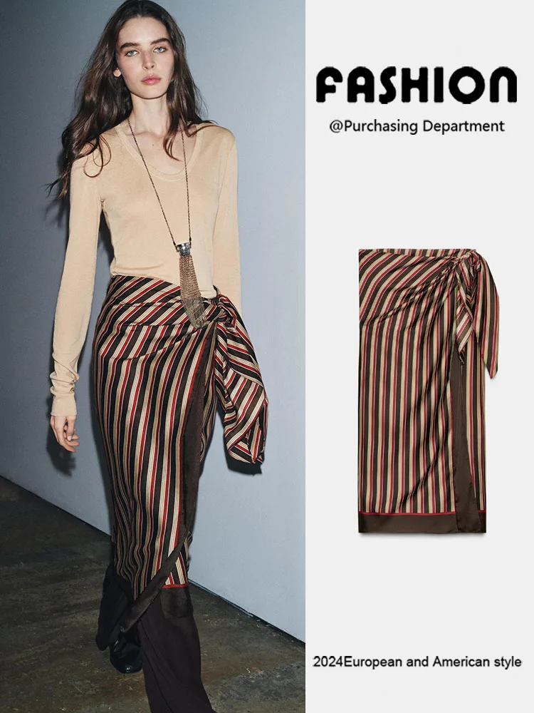 Modna spódnica w paski, damska, nowość na zimę 2025, dopasowana, o średnim stanie, uniwersalna, etniczny kostium sceniczny.