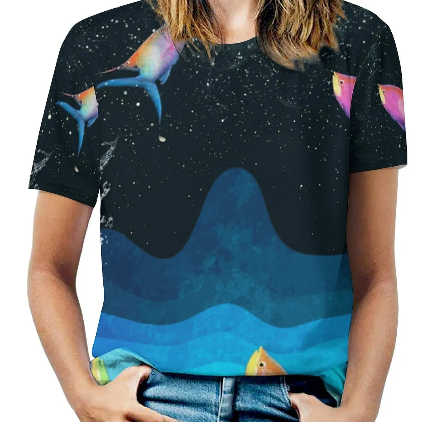 Come To Reach The Stars Women T-Shirt Crewneck Casual Short Sleeve Tops Summer Tees Stras Fish Fishes Blue Night Flying Fly Sky