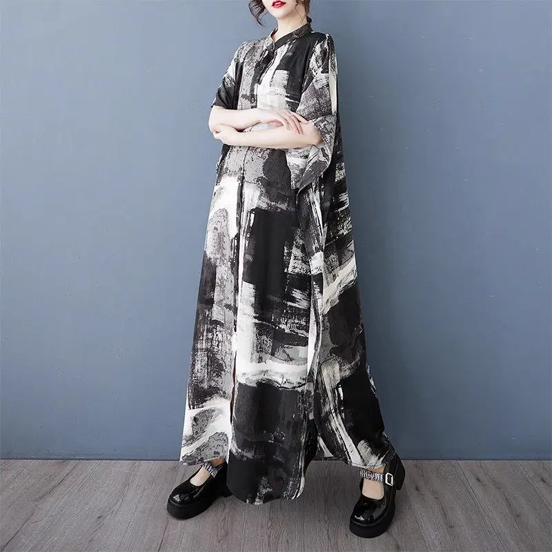 Großes Kleid für Frühjahr/Sommer 2022, neues Rundhals-Einreiher-Cardigan, mittellanges, locker sitzendes Damenkleid G099