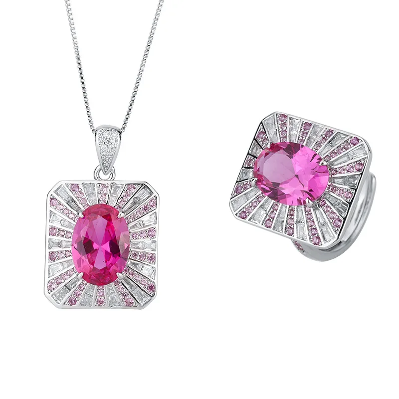 Jewelry European and American Popular Colored Gems Red Corundum Large Square Pendant Ring Suit Main 10*14