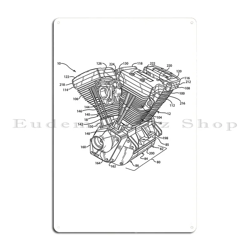 Chopper Motorcycle Bike Engine V Twin Scheme Technical Drawing Blueprint Metal Plaque Wall Mural Designer Garage Tin Sign Poster