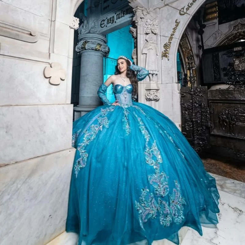 

Customized lake blue Quinceanera Dresses Off the Shoulder glitter flower decal Lace Bow Long tail Vestido 15 Quinceanera