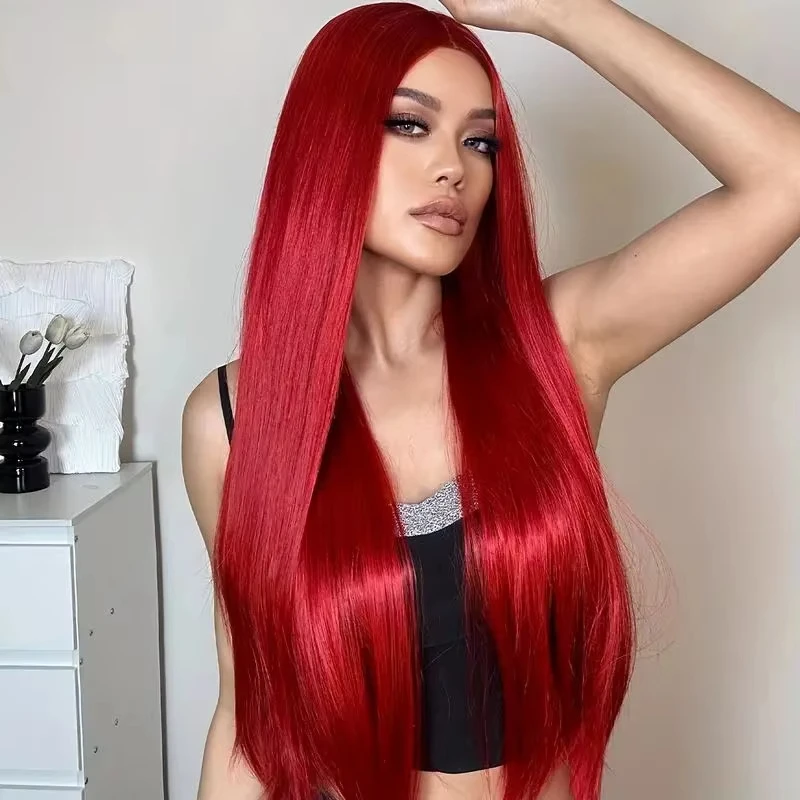 Red Center-Parted Long Straight Synthetic Wig - Halloween Cosplay Costume Wig - Daily Party Wig - Hot Wire Wig Headband image 2