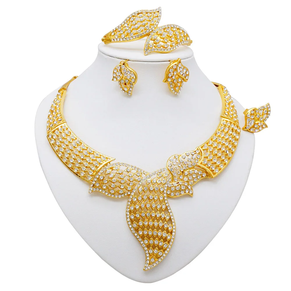 

Dubai Gold Color Fine Flowers Jewelry Sets African Wedding Gifts Party For Women Bracelet Necklace Earrings Ring Set
