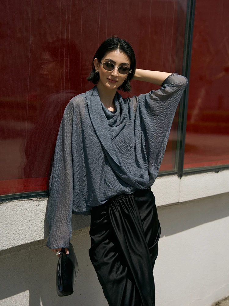 

Женский летний топ TOFOD: легкий плиссированный шелковый топ свободного кроя с рукавами «летучая мышь» и воротником, для защиты от солнца