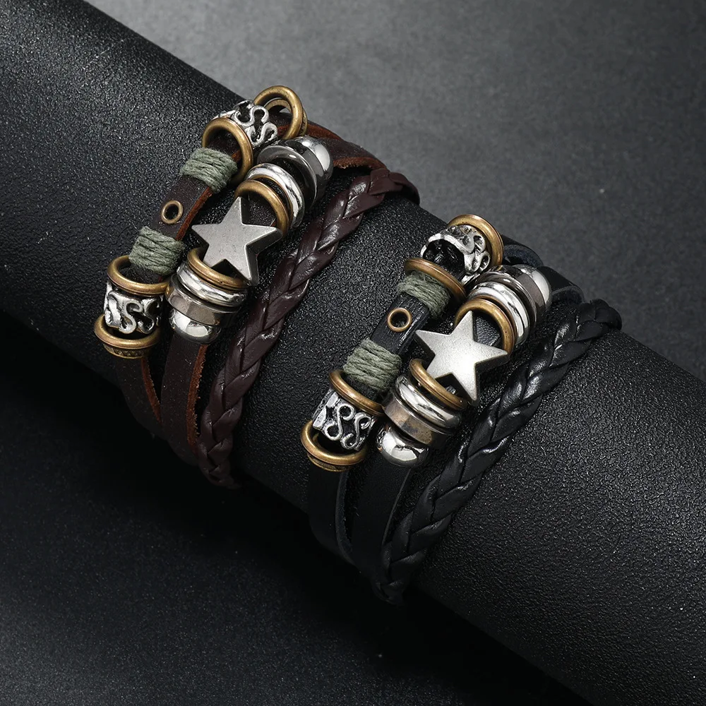 

leather hippie bracelet Design Brown Leather Star Note Metal Button Beads Wrap Unisex Adjustable Bracelet