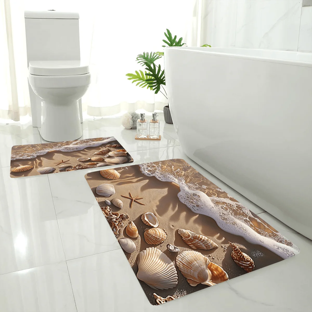2pcs/ 3pcs/ Set Digital Painting Style Beach Under The Sunshine Printed Bathroom Floor Mat Set, Home Decoration Area Carpet, M
