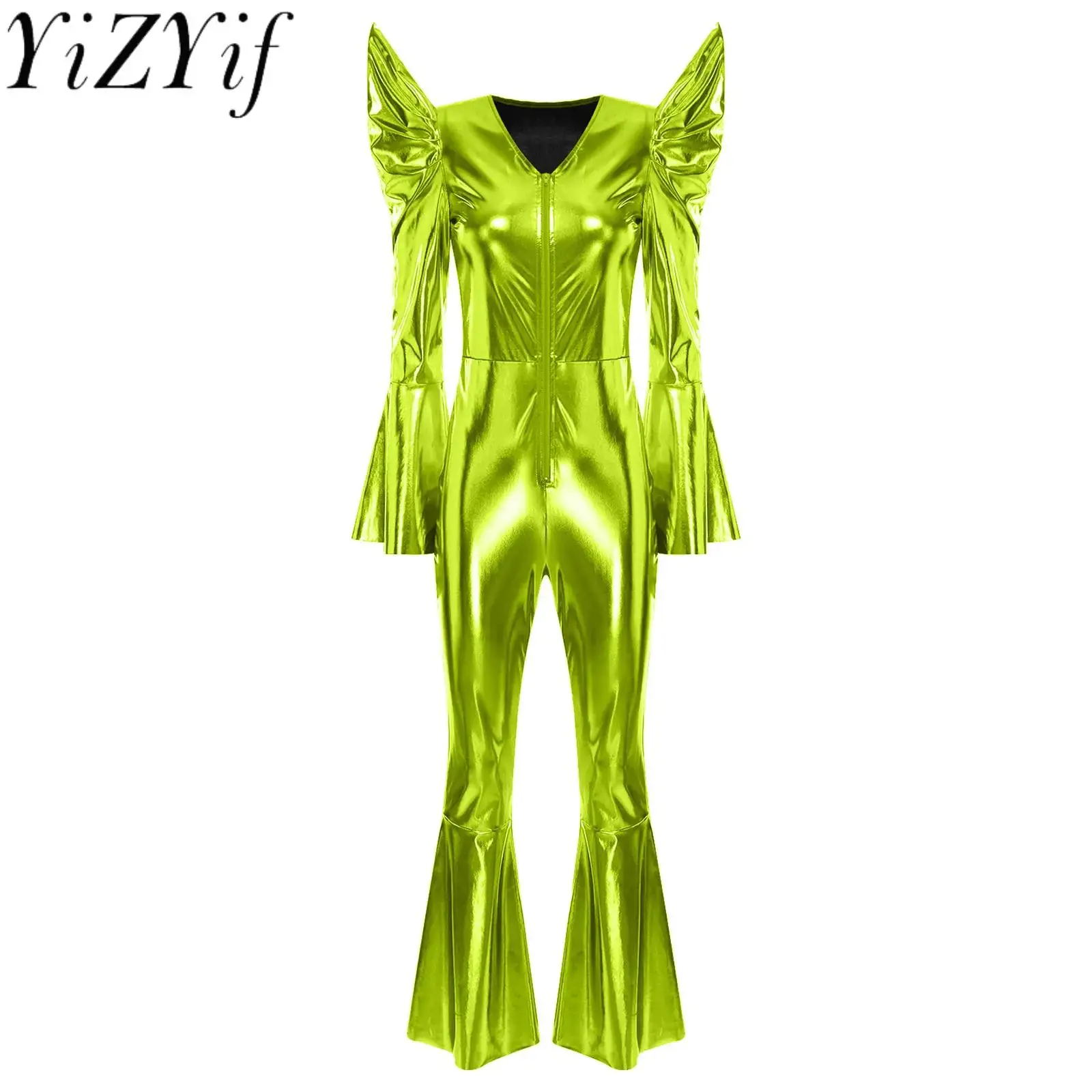 

Women Fluorescent Shiny Jumpsuit for Disco Hippie Jazz Party Club Dance Costumes Raves Carnival Halloween Alien Cosplay Costumes