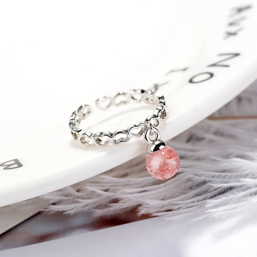 

925 Sterling Silver Romantic Hollow Heart Ring for Woman Fashion Jewelry Pink Crystal Agate Circular Pendant Accessories