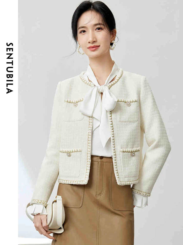 

SENTUBILA Elegant Cropped Tweed Jacket Women 2024 Spring Fashion Straight-cut Short Coats for Woman Female Outerwear 123W44147
