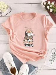 Cat Print Crew Neck T-Shirt, Casual Short Sleeve T-Shirt For Spring & Summer, Women's Clothing