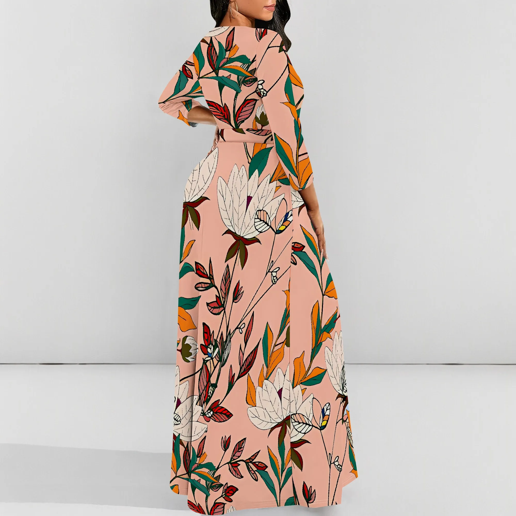 Floral Print Long Sleeve Maxi Dress for Women Peach Background Boho Style V-Neck Casual Outfit
