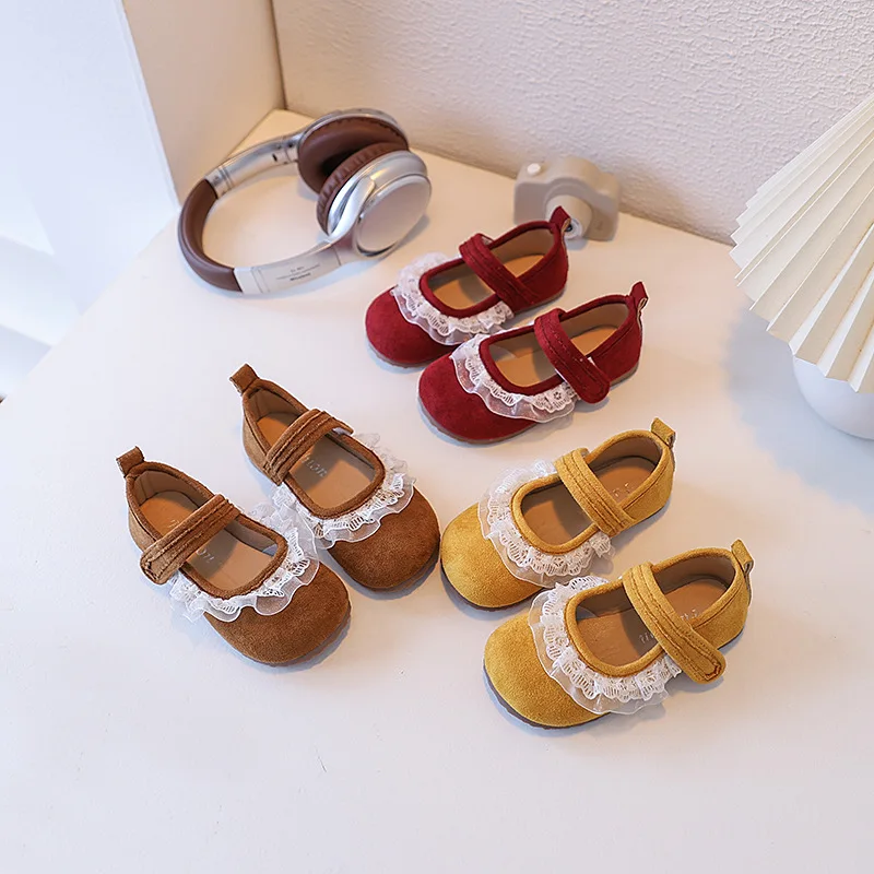

Spring Autumn Children's Leather Shoes Retro Style Princess Shoes for Girls Sweet Lace Pleated Kids Fashion Causal Flat Shoes