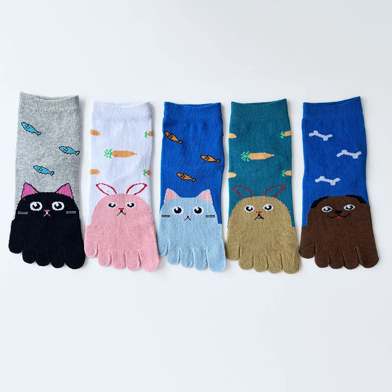 Women Girl Five Finger Socks Cotton Cute Cartoon Cat Rabbit Bear Fish Carrot Fashions Young Sweat-Absorbing Soft Toe Boat Socks