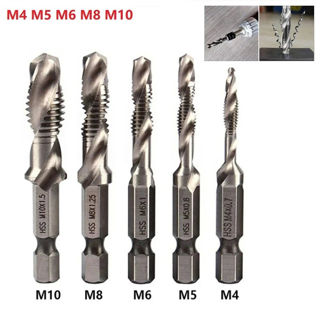 5pcs Set Tap Drill Bit Hex Shank HSS Threaded Bit Screw Machine Compound Metric Tap M5 M6 M8 M10 For Aluminum Wood Plastic