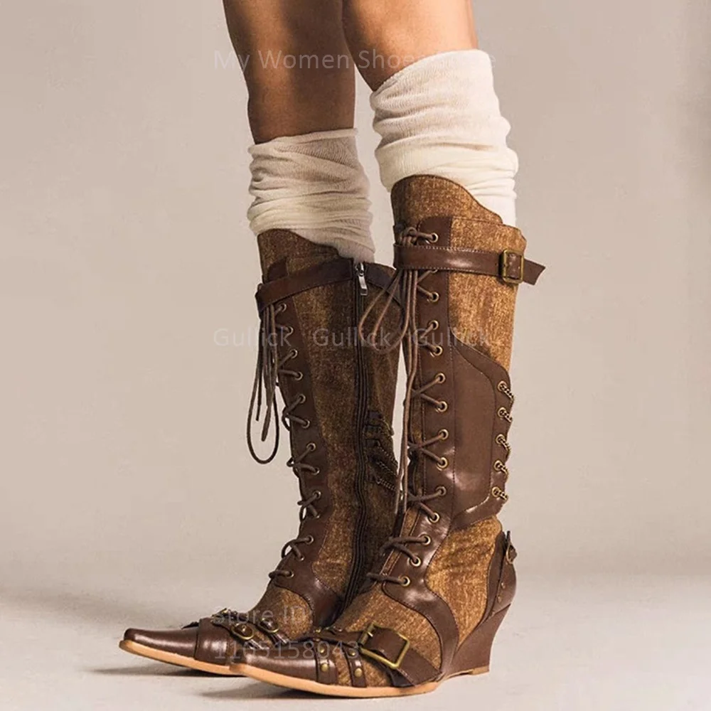 Wedges Pointy Toe Patchwork Knee High Boots Lace Up Zipper Buckle Strap Runway 2026 Winter Autumn Women Dress Shoes Handmade