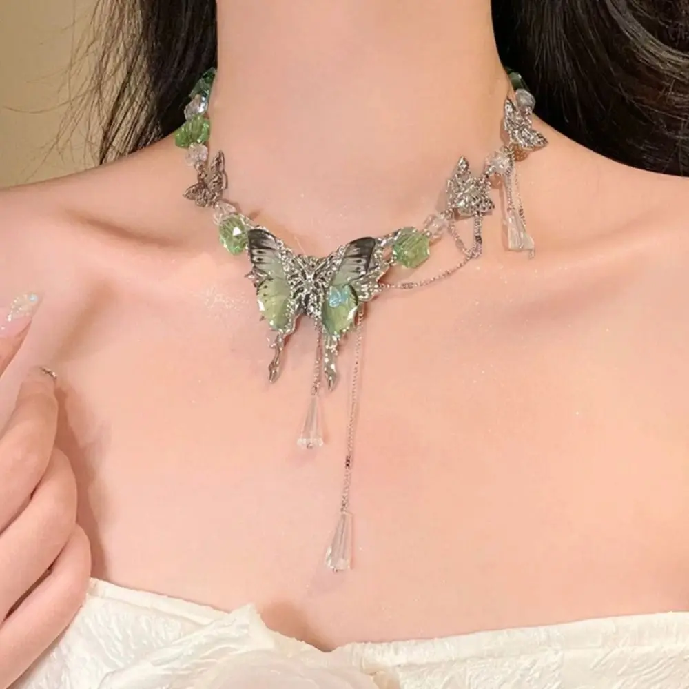 

Adjustable Rhinestone Butterfly Necklace Exaggerated Sweet Tassel Crystal Necklace Beads Neck Jewelry Women's Choker Girls