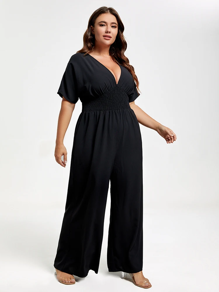 Plus Sized Clothing Waist Dolman Sleeve Jumpsuit with Pockets Women Casual  Shirred Wide Leg Pants Rompers Office Jumpsuit