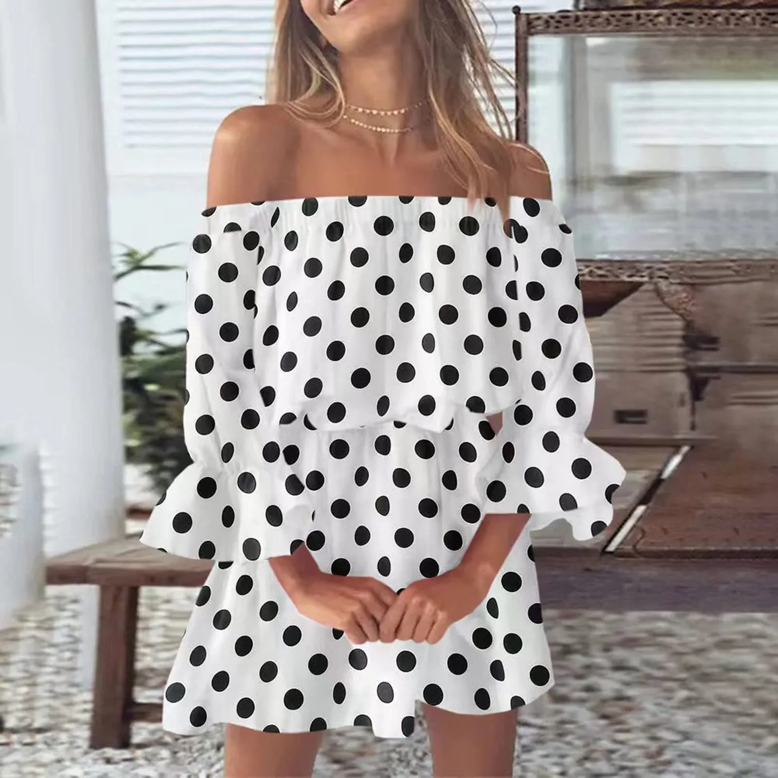 Off Shoulder Mini Dress Women Leopard Polka Dot Elegant Summer Dress Casual Loose Fashion Slash Neck Long Sleeve Party Dresses