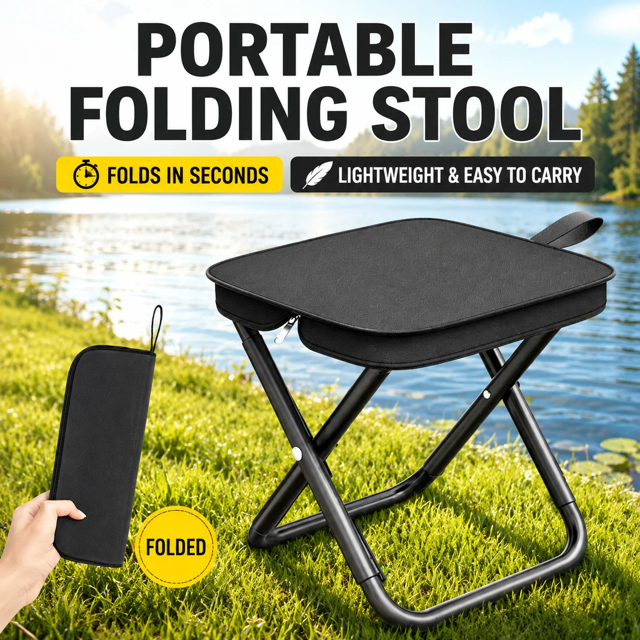 Outdoor Furniture Rocking Chair - 2-in-1 Portable Folding Stool with Storage