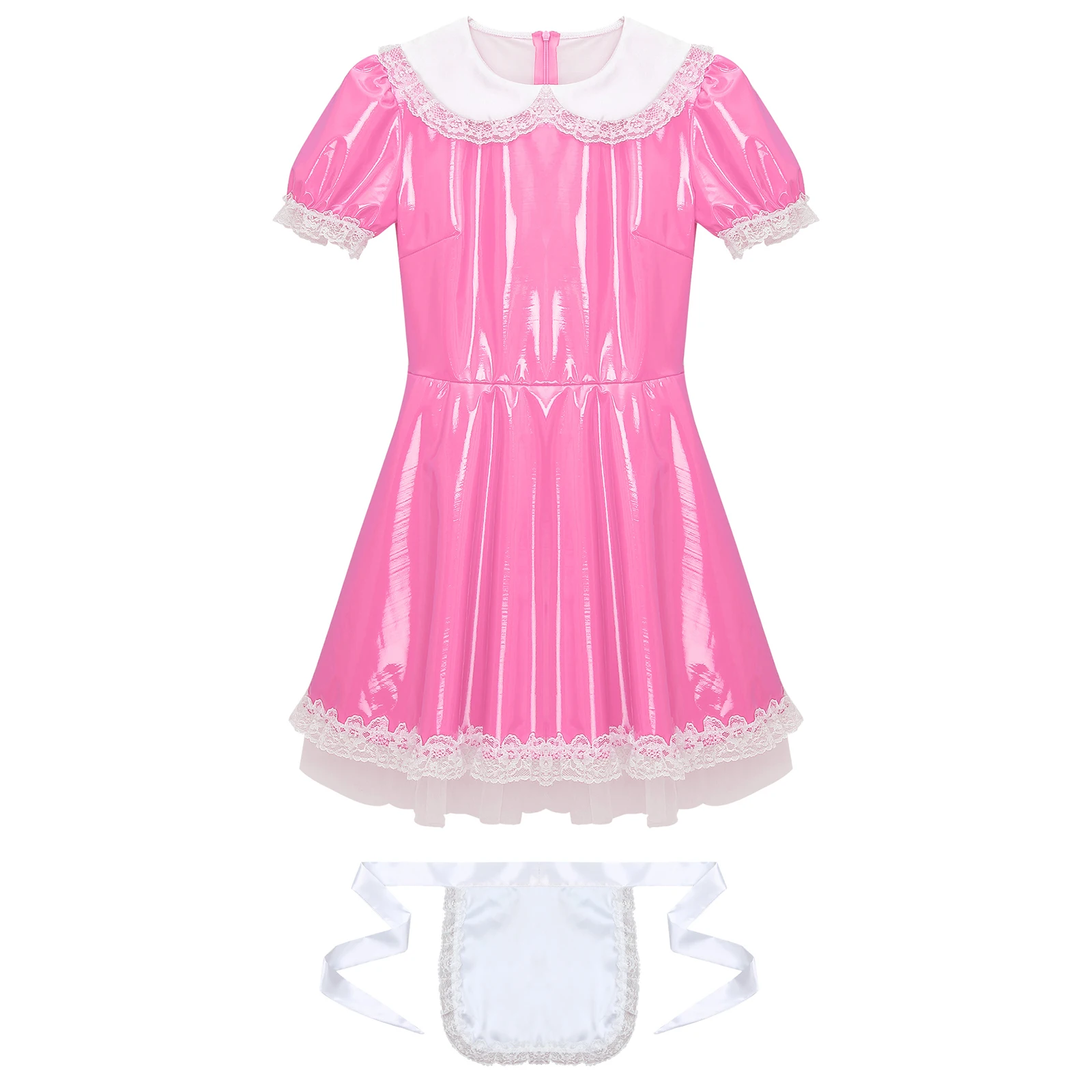 Mens Crossdresser Sissy Maid Dress Costume Outfits Ruffle Lace Trim Wetlook Latex Rubber Dress Outfits with Apron Doll Collar