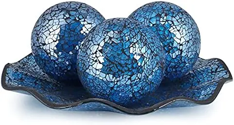 

MDLUU Turquoise Mosaic Centerpiece Bowl Set – 12" Tray with 3 Decorative Orbs – Home Decor Gift