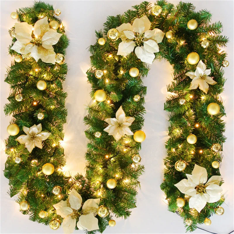 2.7M Christmas Led Rattan Garland Decor Light Wreath Artificial Flower Pine Tree Ornament Xmas Tree Banner Fireplace Door Stairs