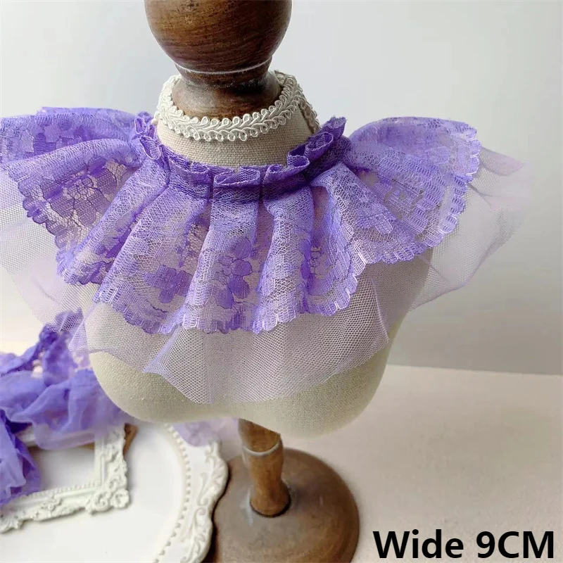 9CM Wide Double Layers Purple Tulle Mesh Wrinkled Embroidered Ribbon Ruffle Lace Trim Dress Curtains Apparel DIY Sewing Decor