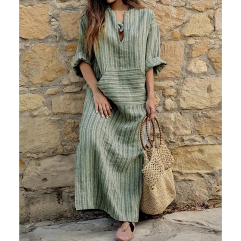 

Summer Long Dress For Women Cotton Linen Casual Dresses 2025 New Chic Striped Loose Maxi Dress Sundress Vacation Clothes Vestido