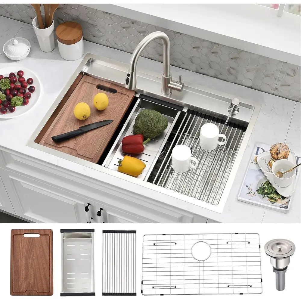 

33 Inch Drop In Kitchen Sink Splash Guard Workstation, 33x19 StainlSteel Kitchen Sink Drop In Top Mount Kitchen Sinks 16 Gauge 1