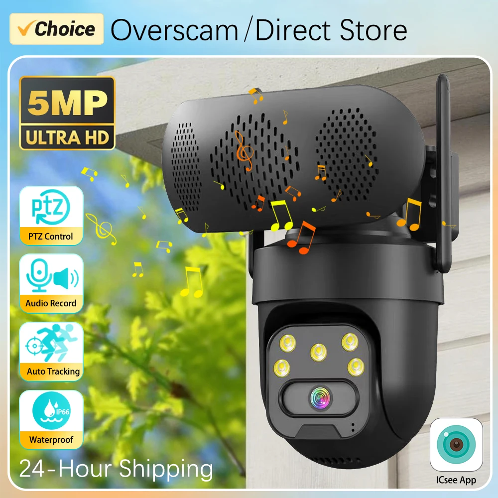 

5MP WiFi Smart Pan/Tilt Bluetooth Speaker Sound Two-Way Audio 360° View Auto Tracking Security Camera PTZ IP iCSee 24/7 Recordin