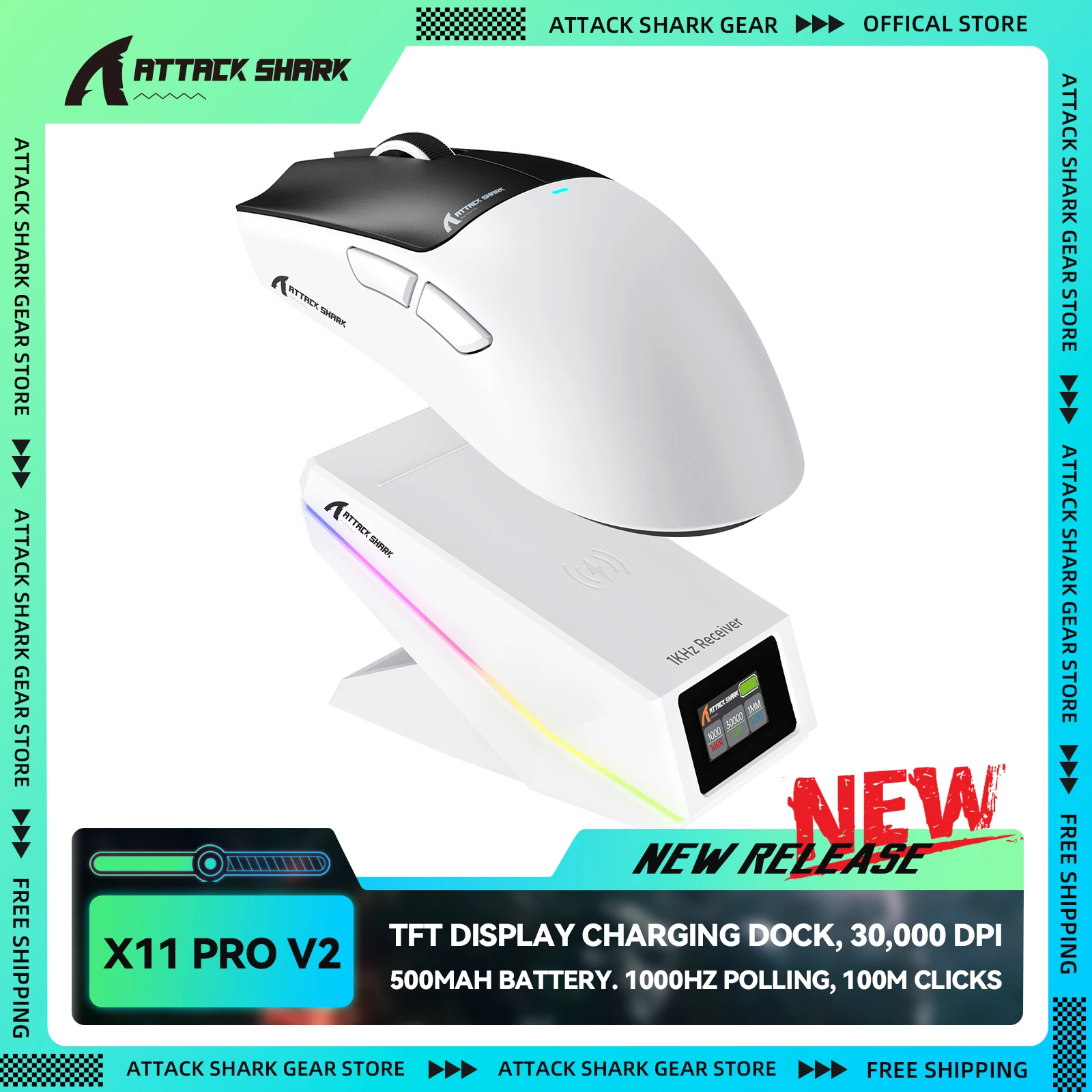 ATTACK SHARK X11 PRO V2 Wireless Gaming Mouse with TFT Display Charging Dock, 30,000 DPI, 500mAh Battery, Tri-mode Connection