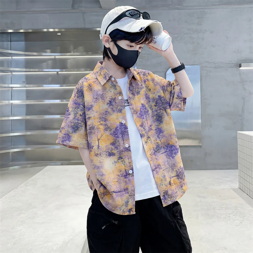 2026 New Summer Vacation Clothing For Kids Boys Retro Style Short Sleeve Shirt Children Elegant Holiday Blouse Casual Wear