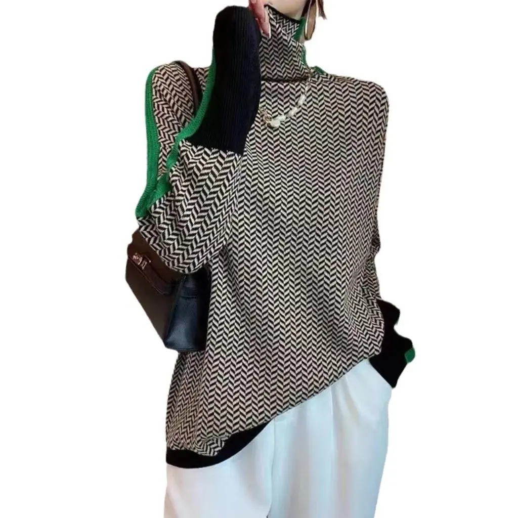 

Women's Cashmere Turtleneck Sweater Houndstooth Pattern Pile Collar Loose Fit Lazy Style Bottoming Shirt for Autumn Winter
