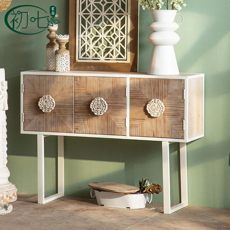 

New Chinese retro carved entrance cabinet, large space storage cabinet, American style entrance solid wood antique sideboard