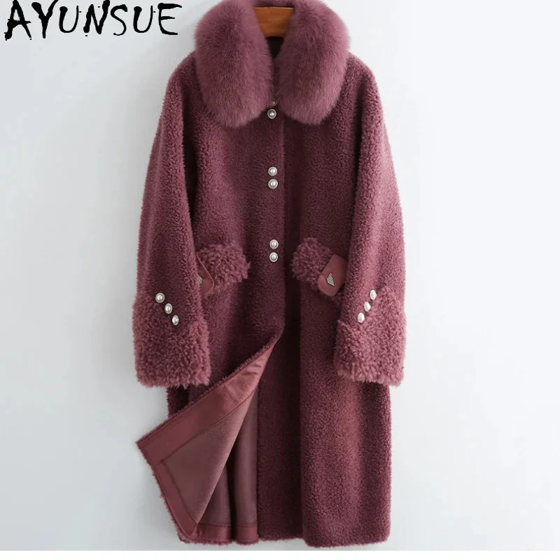 

100% AYUNSUE Wool Coats for Women 2024 Autumn Winter Mid-length Sheep Shearing Jacket Fox Fur Collar Warm Coat Chaquetas