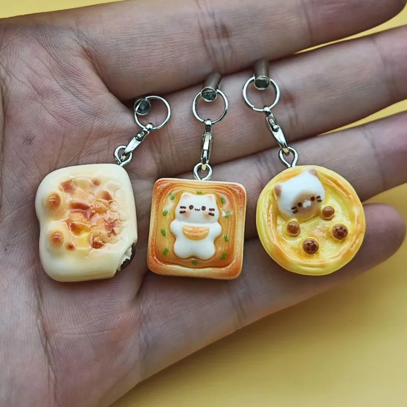 3pcs Set Japanese Style Cute Cat Bread Phone Charms Kitten Toast Keychains Kawaii Lanyard Pendant for Bags Perfect Gift