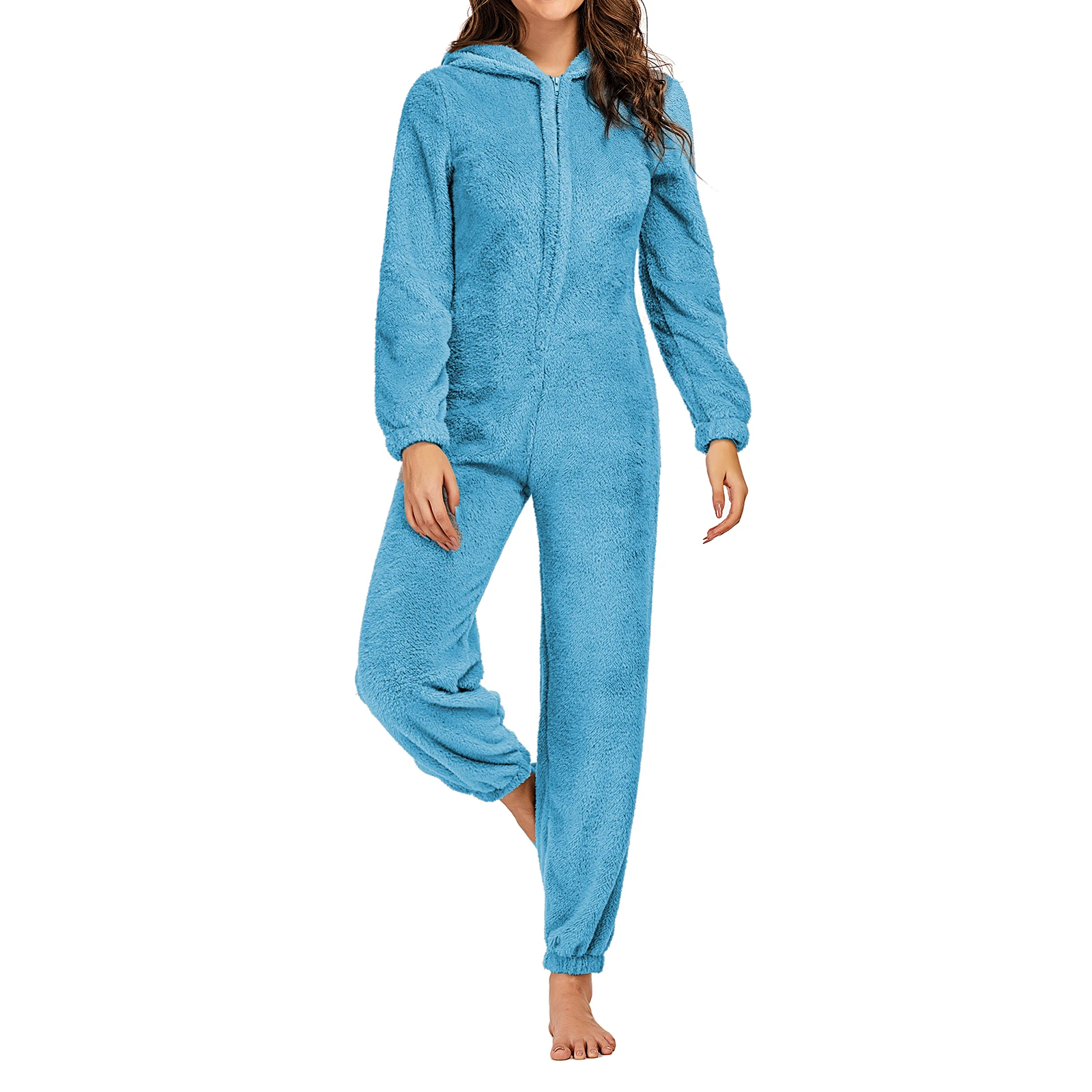 Pijamas de felpa cálidos de invierno para mujer, ropa de casa con capucha y cuello alto con cremallera de manga larga de Color sólido S/M/L/XL/2XL