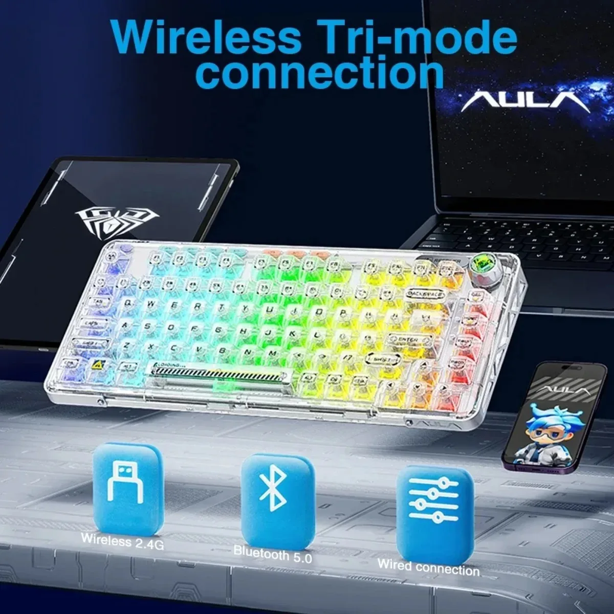 AULA F81 Gaming Keyboard 2.4g Wireless Bluetooth Wired Tri-Mode GASKET Structure Hot Swappable RGB Custom Mechanical Keyboard