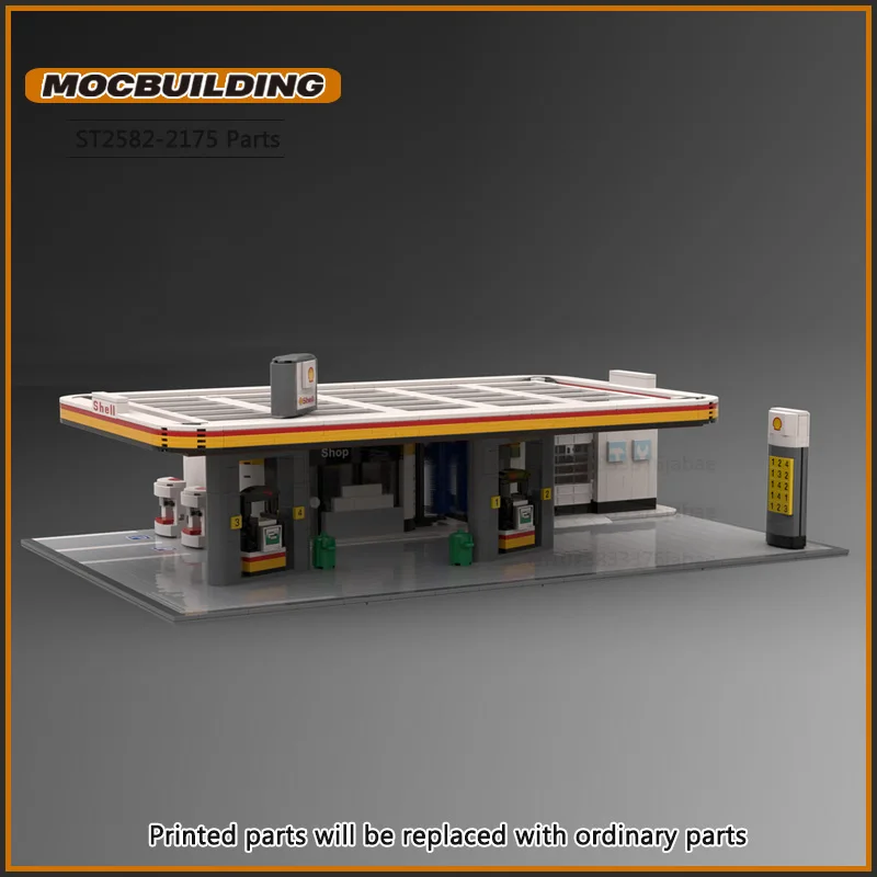 Moc Modular Shell Gas Station Building Blocks City Street View Creative Toy Technology Bricks DIY Assembly Model Display Gifts