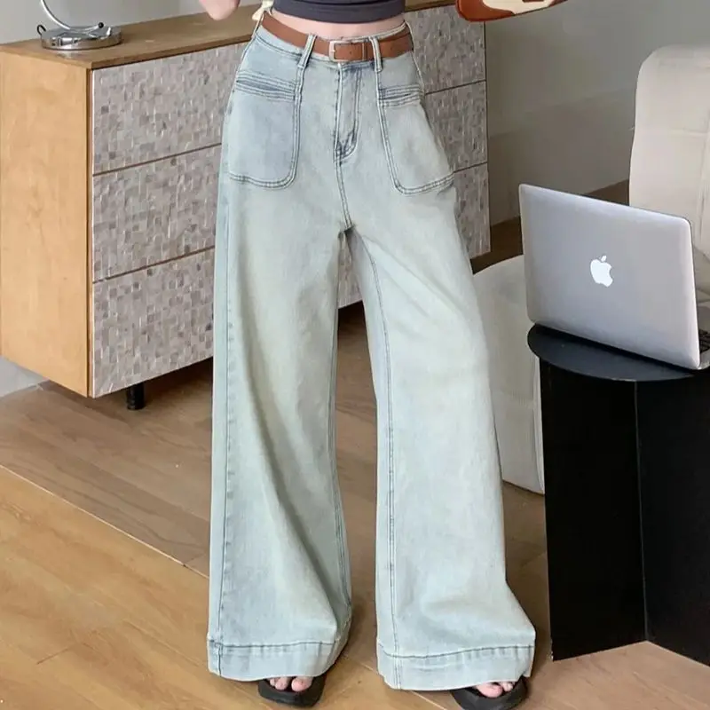 

Hong Kong style retro washed jeans women 2024 spring high waist wide leg pants straight drape mopping pants