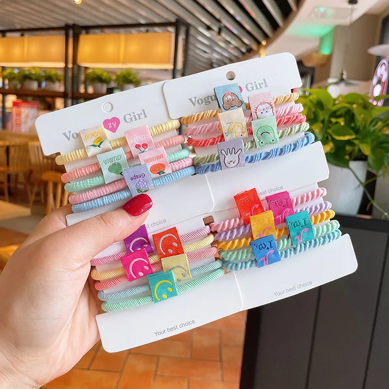 

Colorful Threaded Smile & Fruit Hair Ties Korean Cartoon Hair Bands Cute Elastic Ponytail Holders Student Hair Ropes Set New