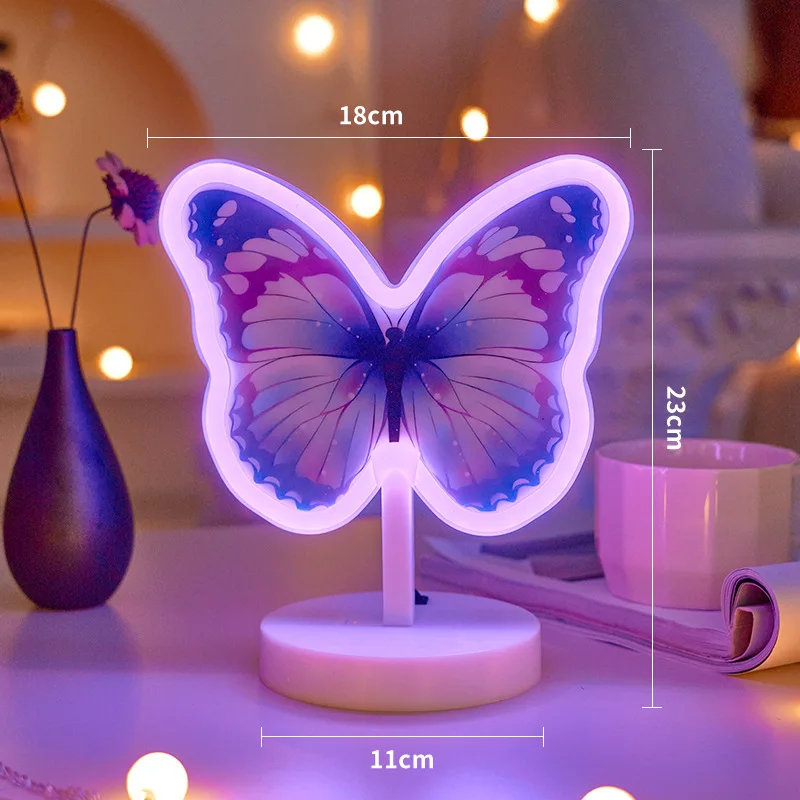 Tiki ผีเสื้อป้ายนีออนไฟ LED แบตเตอรี่/USB ขับเคลื่อนโคมไฟนีออนสีชมพูพร้อมฐานผู้ถือตาราง Nightlight Decor 401