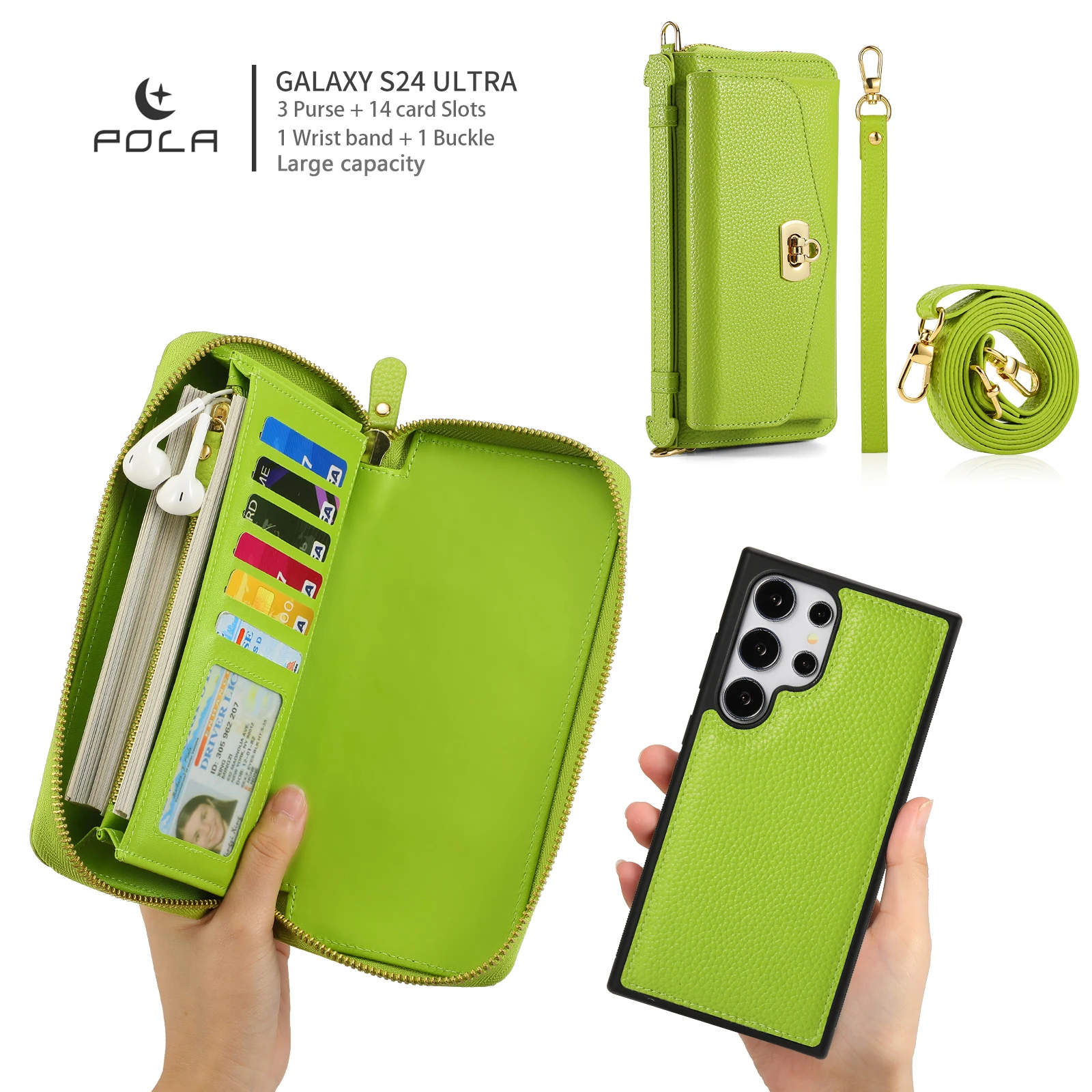 POLA  Litchi patterned multifunctional crossbody Case For Samsung Galaxy S24 S23 S22 Note 20 Ultra Mirror Card Pocket portable